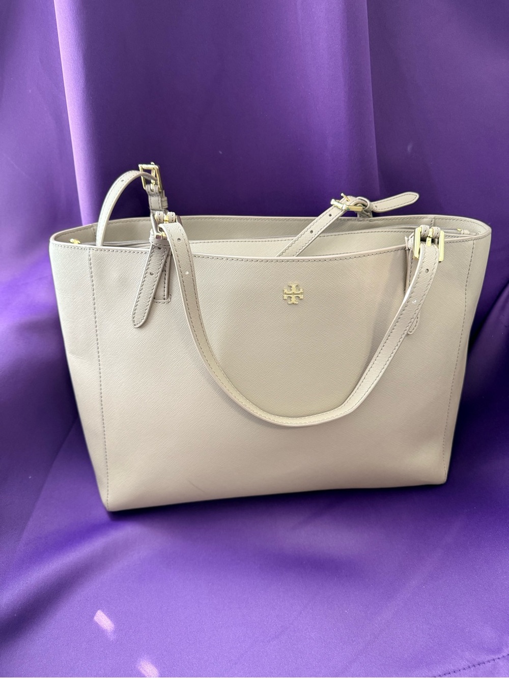 Tory Burch Pale Gray Saffiano Leather Double-Compartment Tote